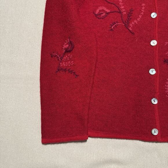 KAREN SCOTT Holiday Cardigan 100% Pure Wool Red Embroidered Sweater Jacket Sz M - Picture 5 of 11
